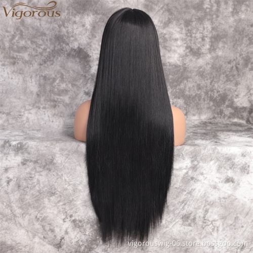 Vigorous 28 inches Long Straight Black Wig Lace Heat Resistant Synthetic Wig With Bangs Natural Hair Wig for Black Women